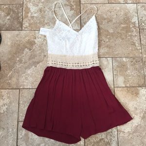NWT White/Wine Lace Burgundy Romper Size: S